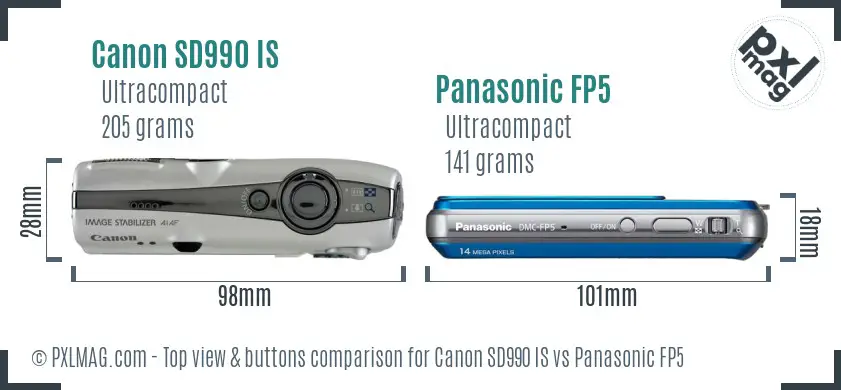 Canon SD990 IS vs Panasonic FP5 top view buttons comparison