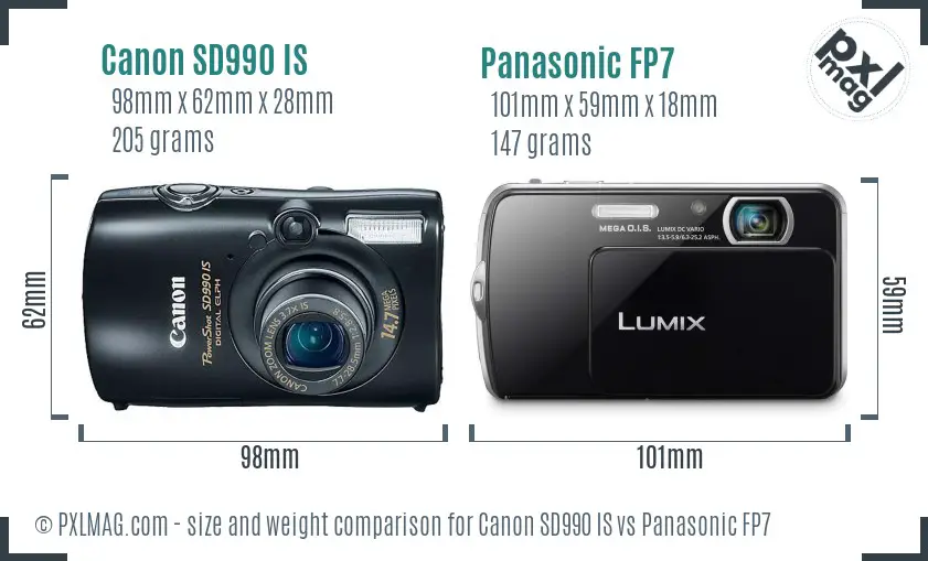 Canon SD990 IS vs Panasonic FP7 size comparison