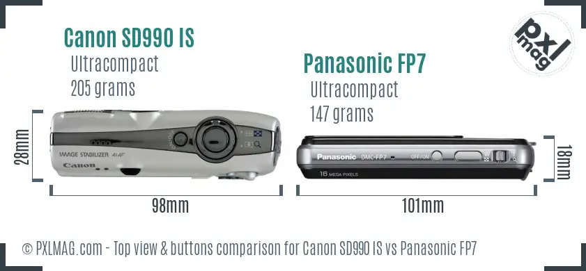 Canon SD990 IS vs Panasonic FP7 top view buttons comparison