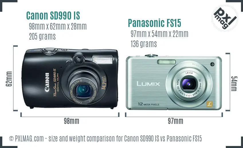 Canon SD990 IS vs Panasonic FS15 size comparison