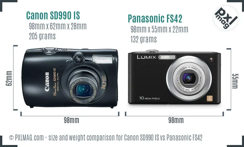 Canon SD990 IS vs Panasonic FS42 size comparison