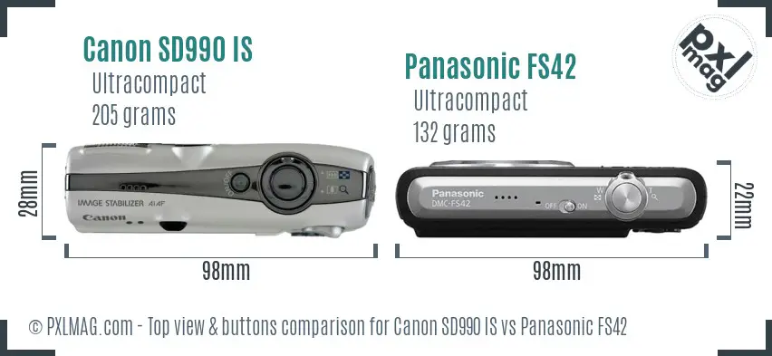 Canon SD990 IS vs Panasonic FS42 top view buttons comparison