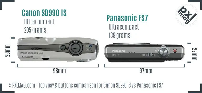 Canon SD990 IS vs Panasonic FS7 top view buttons comparison Canon SD990 IS vs Panasonic FS7 top view buttons comparison