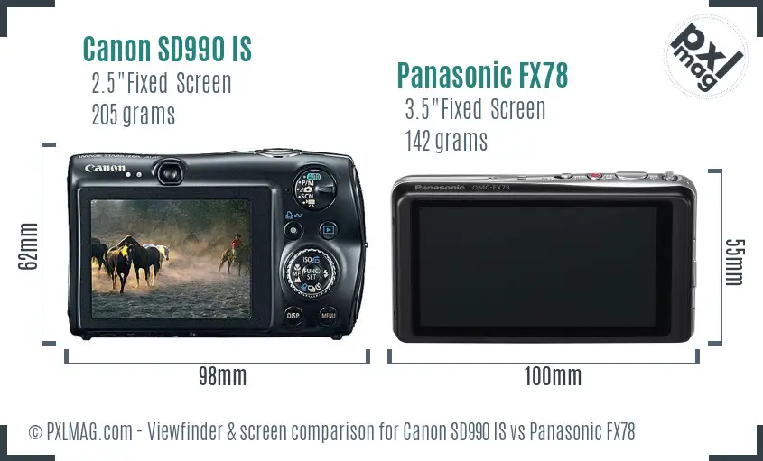 Canon SD990 IS vs Panasonic FX78 Screen and Viewfinder comparison