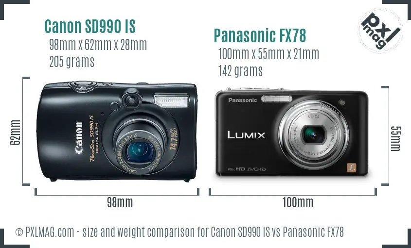 Canon SD990 IS vs Panasonic FX78 size comparison