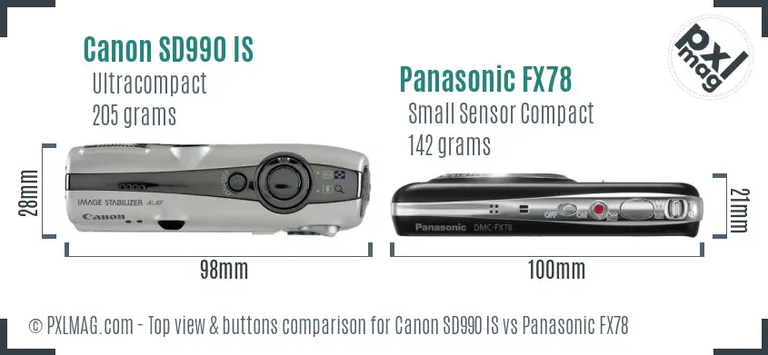 Canon SD990 IS vs Panasonic FX78 top view buttons comparison