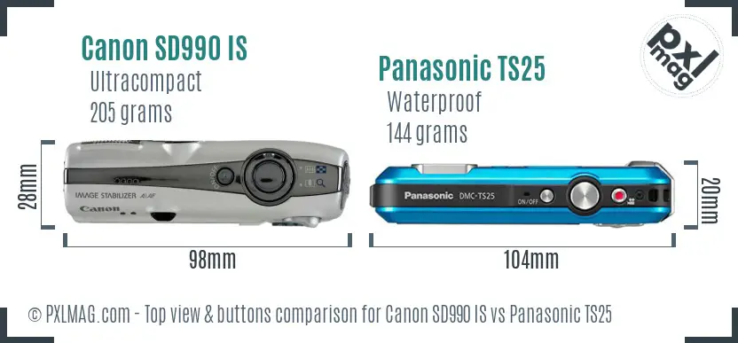 Canon SD990 IS vs Panasonic TS25 top view buttons comparison