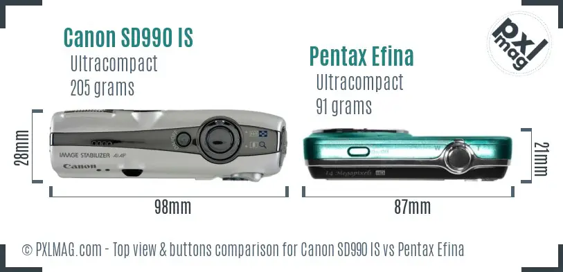 Canon SD990 IS vs Pentax Efina top view buttons comparison