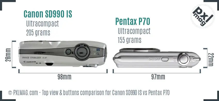 Canon SD990 IS vs Pentax P70 top view buttons comparison Canon SD990 IS vs Pentax P70 top view buttons comparison