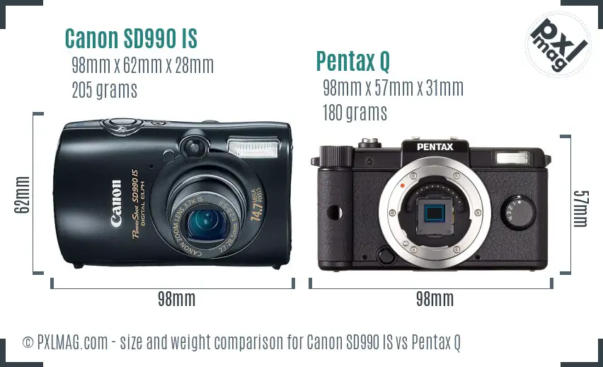 Canon SD990 IS vs Pentax Q size comparison