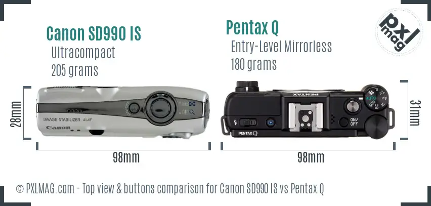 Canon SD990 IS vs Pentax Q top view buttons comparison