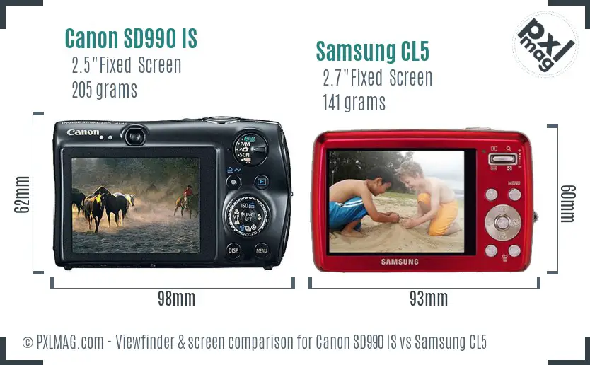 Canon SD990 IS vs Samsung CL5 Screen and Viewfinder comparison