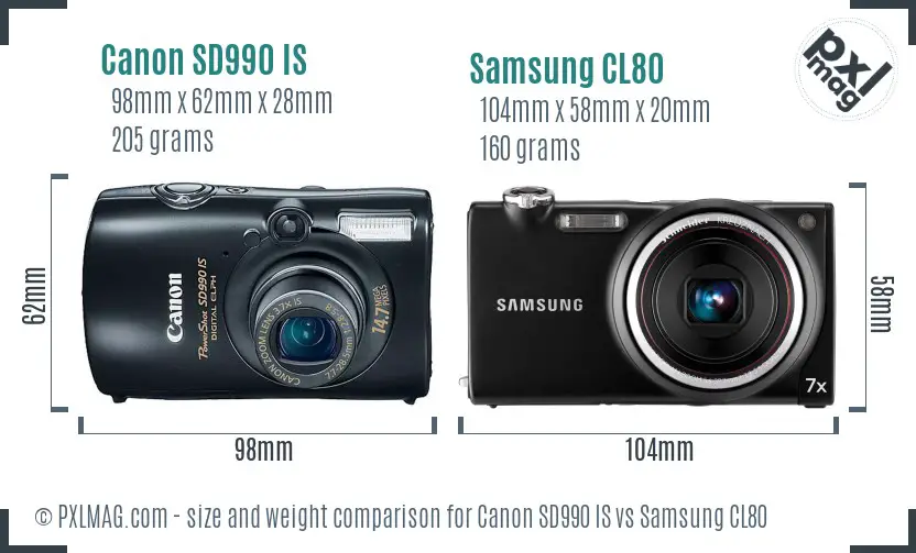 Canon SD990 IS vs Samsung CL80 size comparison