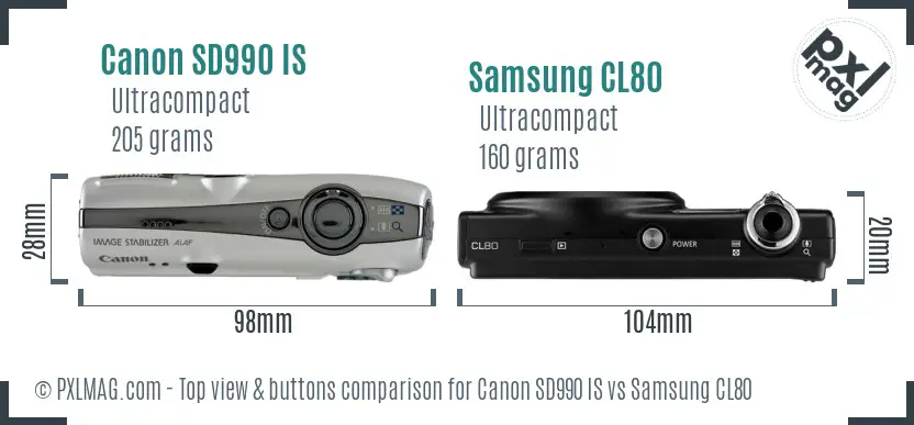 Canon SD990 IS vs Samsung CL80 top view buttons comparison