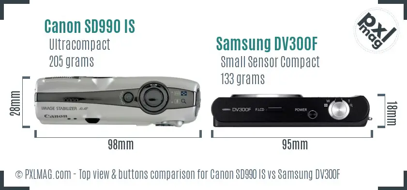 Canon SD990 IS vs Samsung DV300F top view buttons comparison