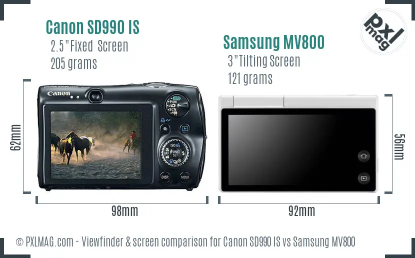 Canon SD990 IS vs Samsung MV800 Screen and Viewfinder comparison