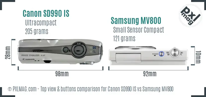 Canon SD990 IS vs Samsung MV800 top view buttons comparison