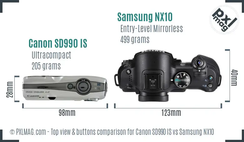 Canon SD990 IS vs Samsung NX10 top view buttons comparison