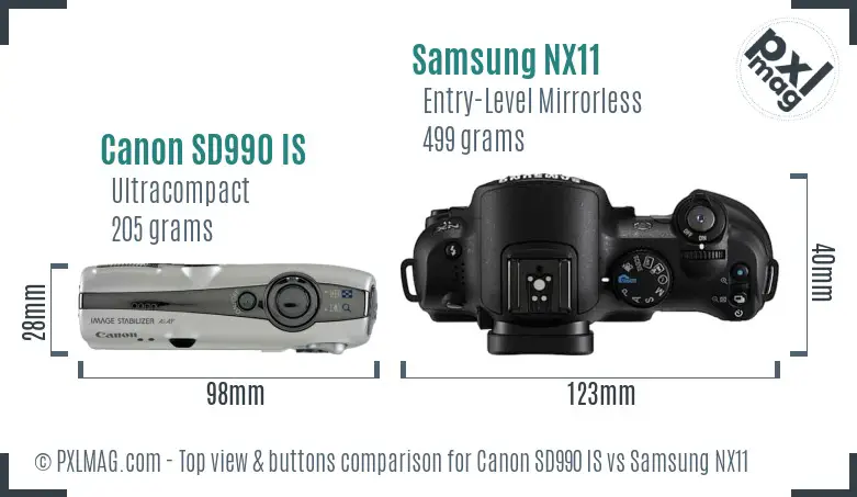 Canon SD990 IS vs Samsung NX11 top view buttons comparison