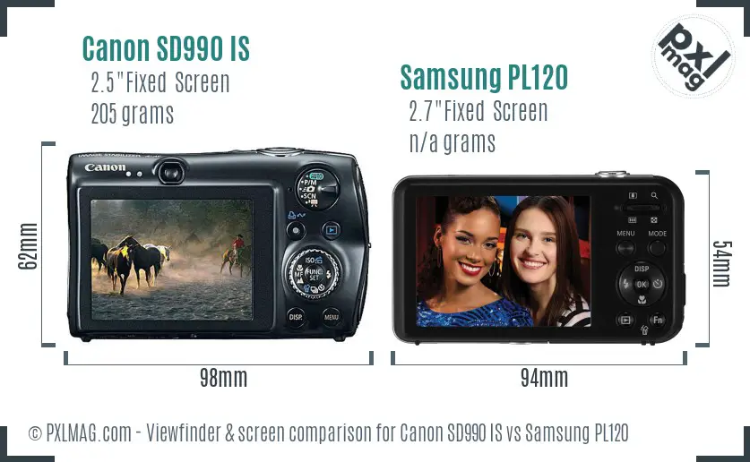 Canon SD990 IS vs Samsung PL120 Screen and Viewfinder comparison