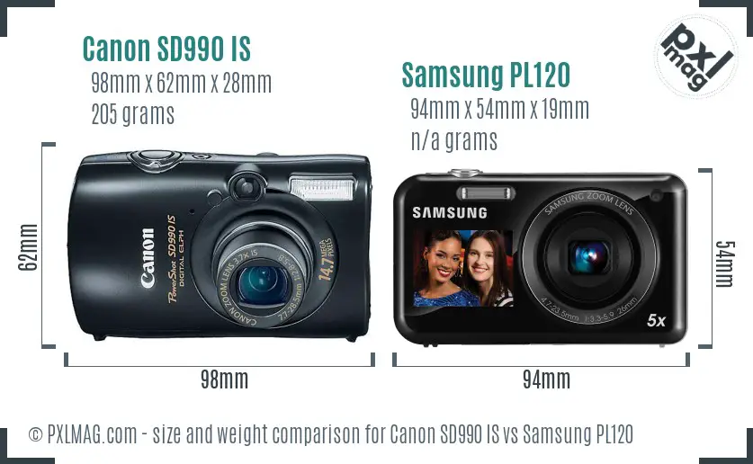 Canon SD990 IS vs Samsung PL120 size comparison Canon SD990 IS vs Samsung PL120 size comparison