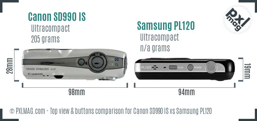 Canon SD990 IS vs Samsung PL120 top view buttons comparison