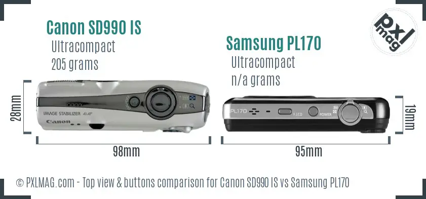 Canon SD990 IS vs Samsung PL170 top view buttons comparison