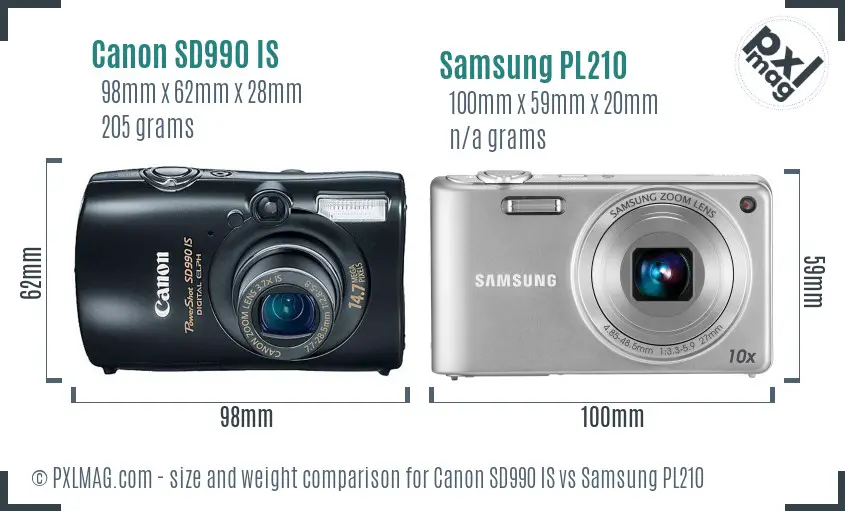Canon SD990 IS vs Samsung PL210 size comparison