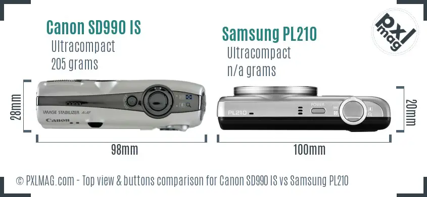 Canon SD990 IS vs Samsung PL210 top view buttons comparison