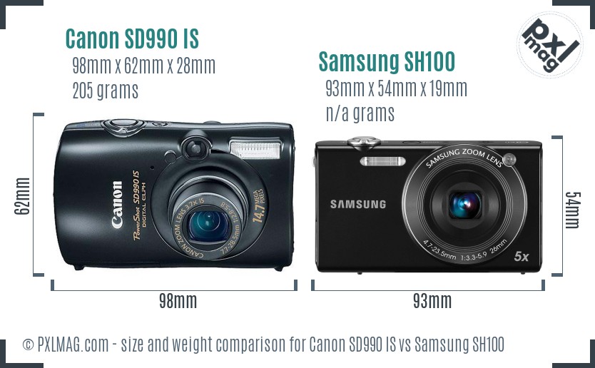 Canon SD990 IS vs Samsung SH100 size comparison