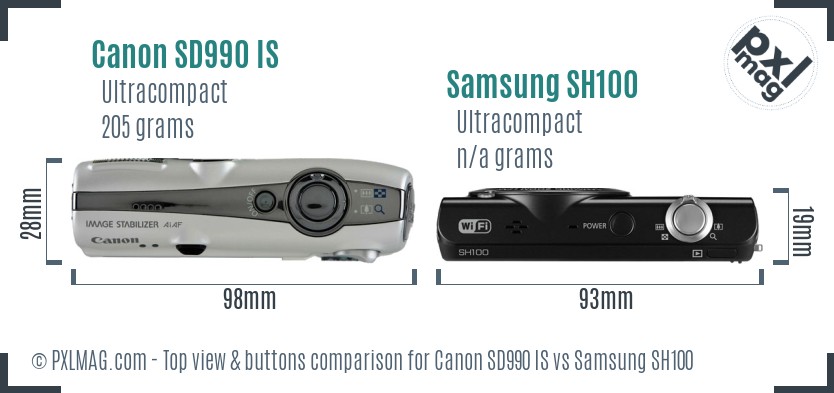 Canon SD990 IS vs Samsung SH100 top view buttons comparison