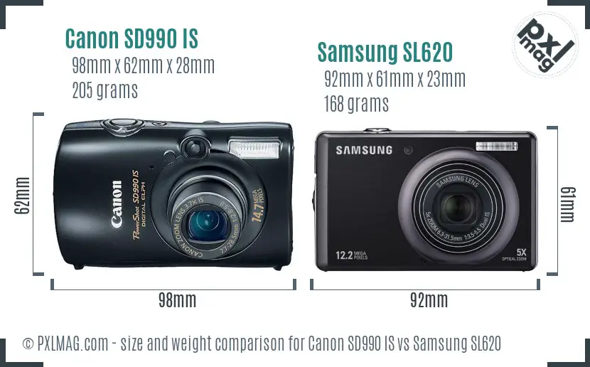 Canon SD990 IS vs Samsung SL620 size comparison