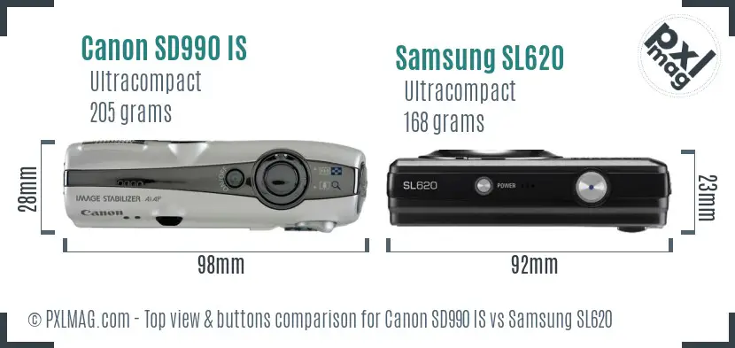 Canon SD990 IS vs Samsung SL620 top view buttons comparison