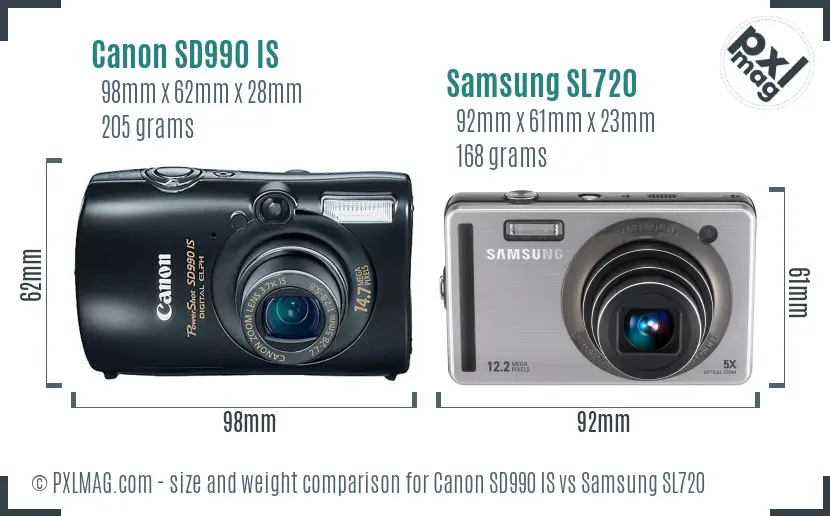 Canon SD990 IS vs Samsung SL720 size comparison