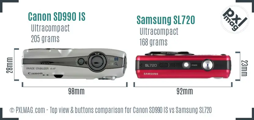 Canon SD990 IS vs Samsung SL720 top view buttons comparison