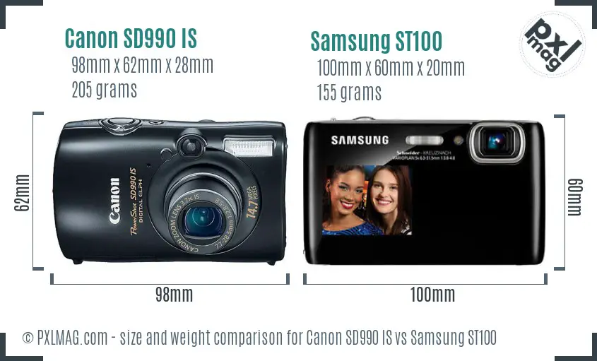 Canon SD990 IS vs Samsung ST100 size comparison