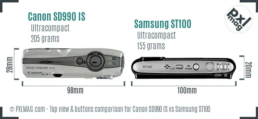 Canon SD990 IS vs Samsung ST100 top view buttons comparison