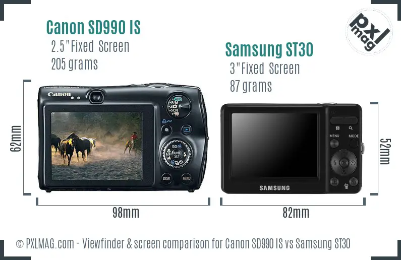 Canon SD990 IS vs Samsung ST30 Screen and Viewfinder comparison