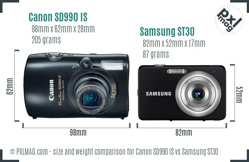 Canon SD990 IS vs Samsung ST30 size comparison