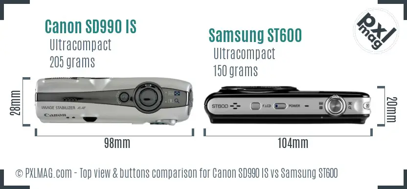 Canon SD990 IS vs Samsung ST600 top view buttons comparison Canon SD990 IS vs Samsung ST600 top view buttons comparison