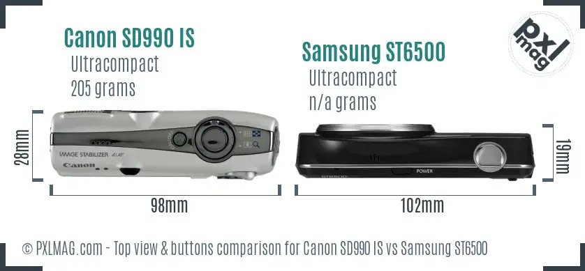 Canon SD990 IS vs Samsung ST6500 top view buttons comparison