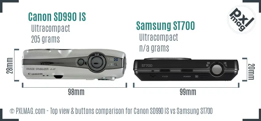 Canon SD990 IS vs Samsung ST700 top view buttons comparison Canon SD990 IS vs Samsung ST700 top view buttons comparison