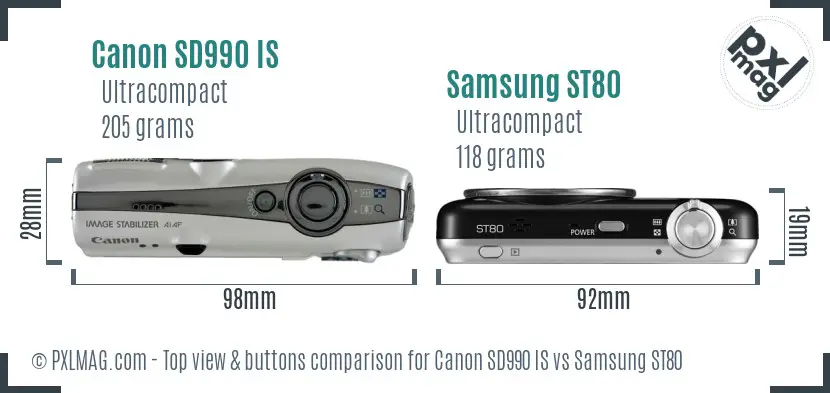 Canon SD990 IS vs Samsung ST80 top view buttons comparison