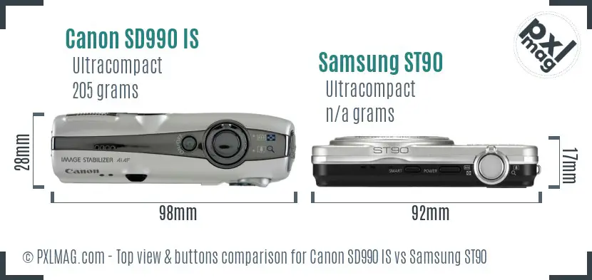 Canon SD990 IS vs Samsung ST90 top view buttons comparison Canon SD990 IS vs Samsung ST90 top view buttons comparison