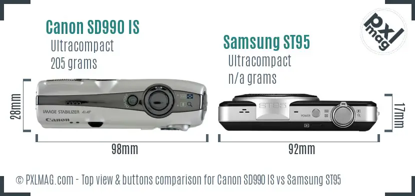 Canon SD990 IS vs Samsung ST95 top view buttons comparison