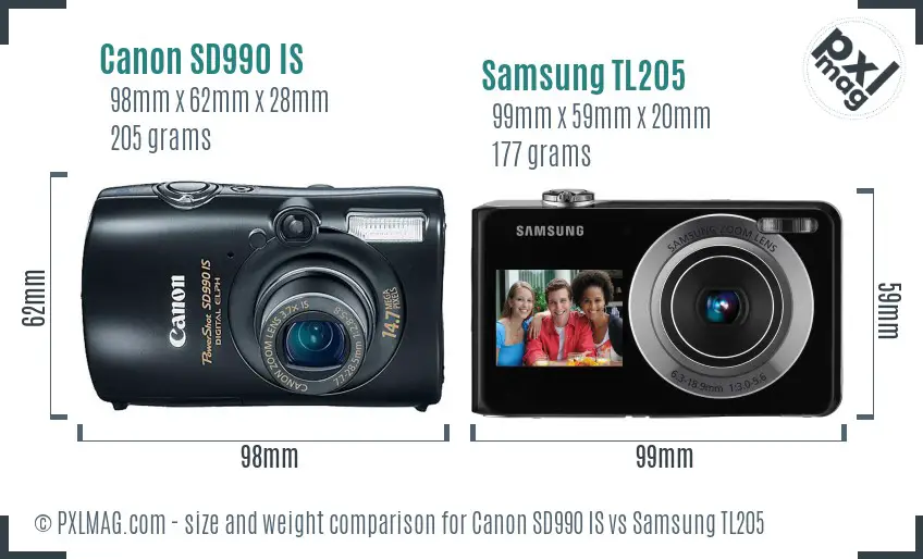 Canon SD990 IS vs Samsung TL205 size comparison