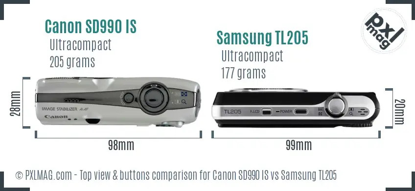 Canon SD990 IS vs Samsung TL205 top view buttons comparison