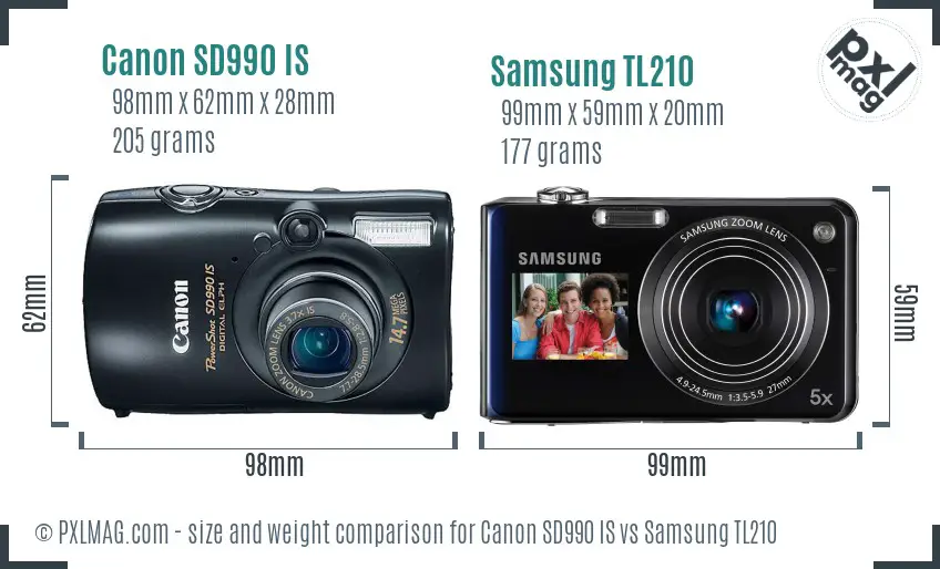 Canon SD990 IS vs Samsung TL210 size comparison