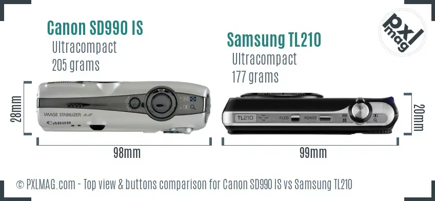 Canon SD990 IS vs Samsung TL210 top view buttons comparison