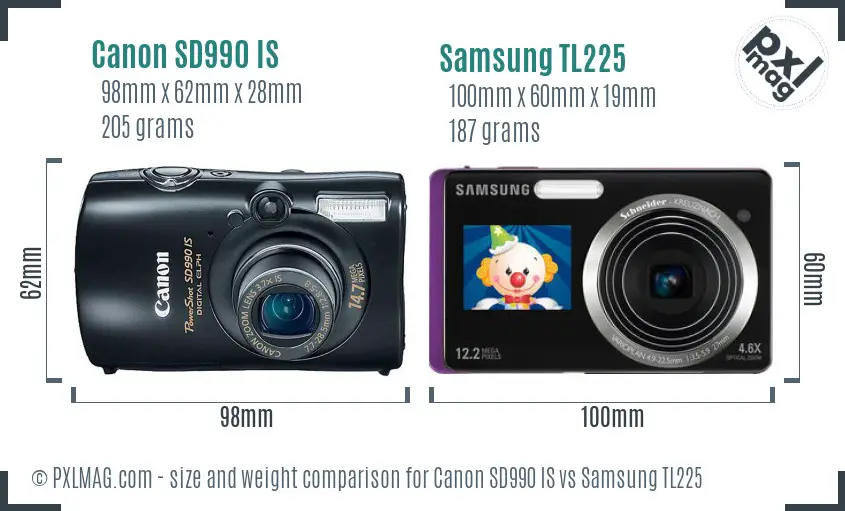 Canon SD990 IS vs Samsung TL225 size comparison